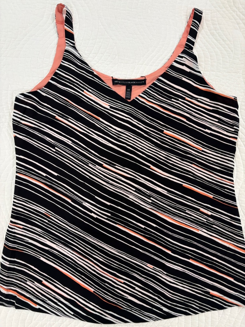 White House Black Market Black Striped V-Neck Tank with Coral Trim